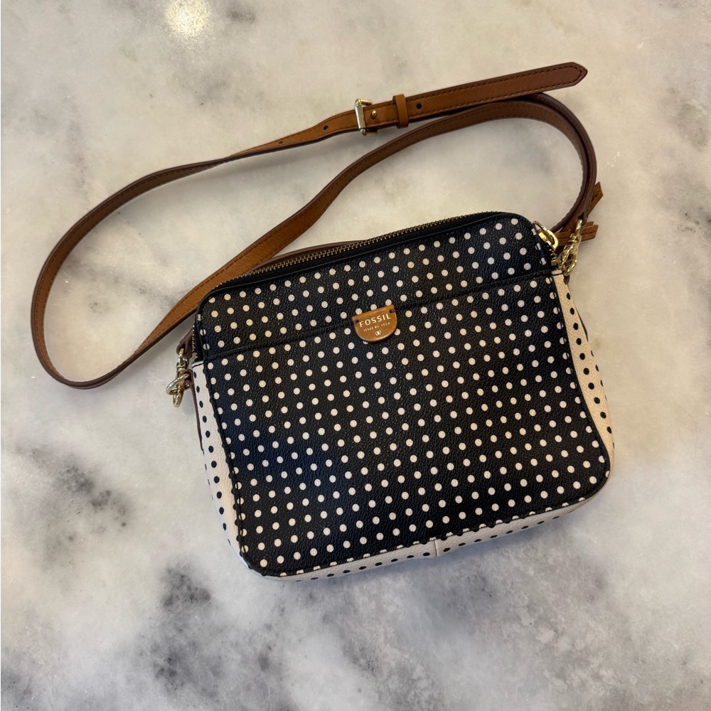 Fossil Black & White Polka Dot Crossbody Bag Purse
